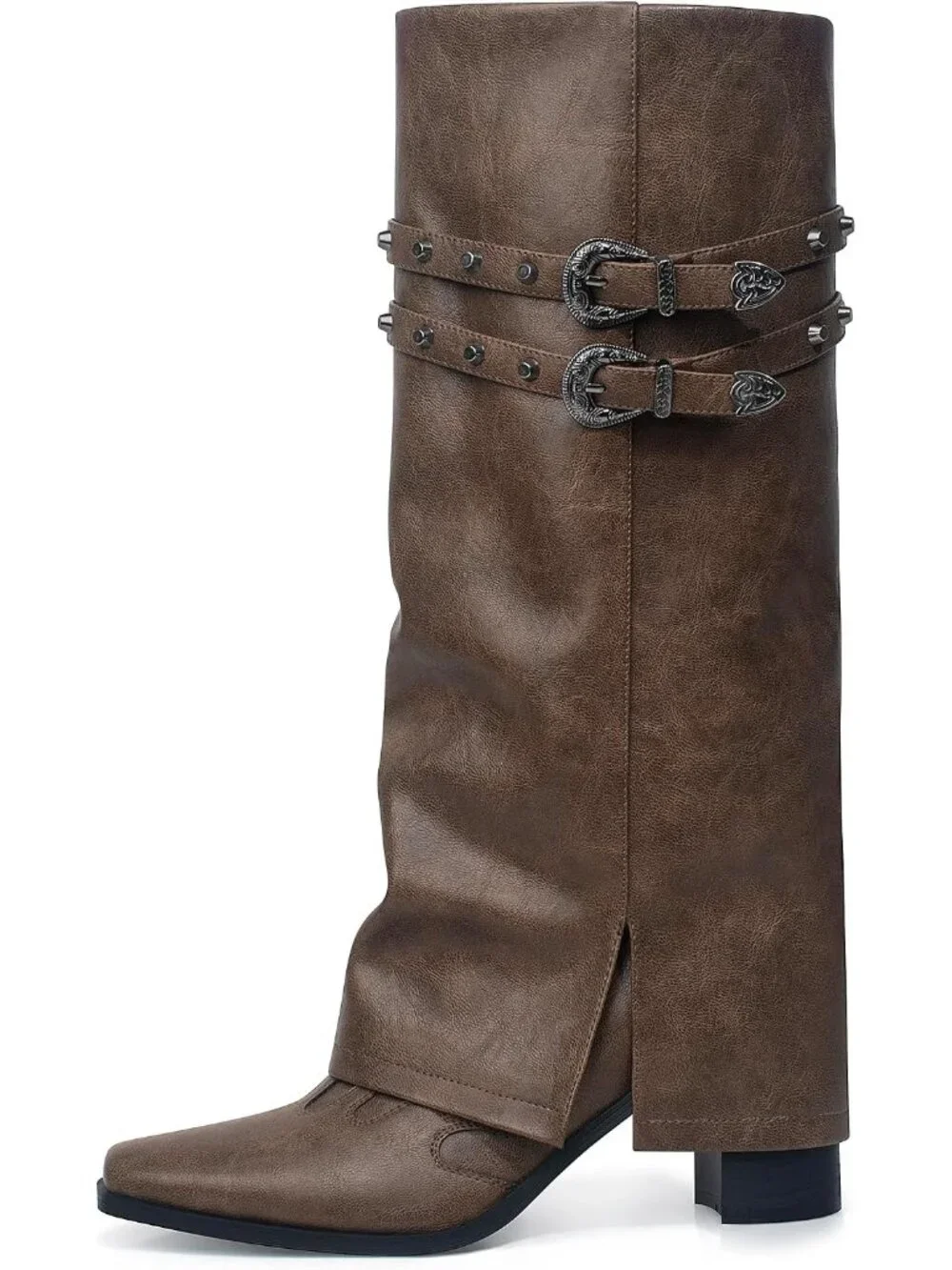Women's Dark Brown Pointed Toe Block Mid Heel Fold Over Wide Calf Knee High Boot
